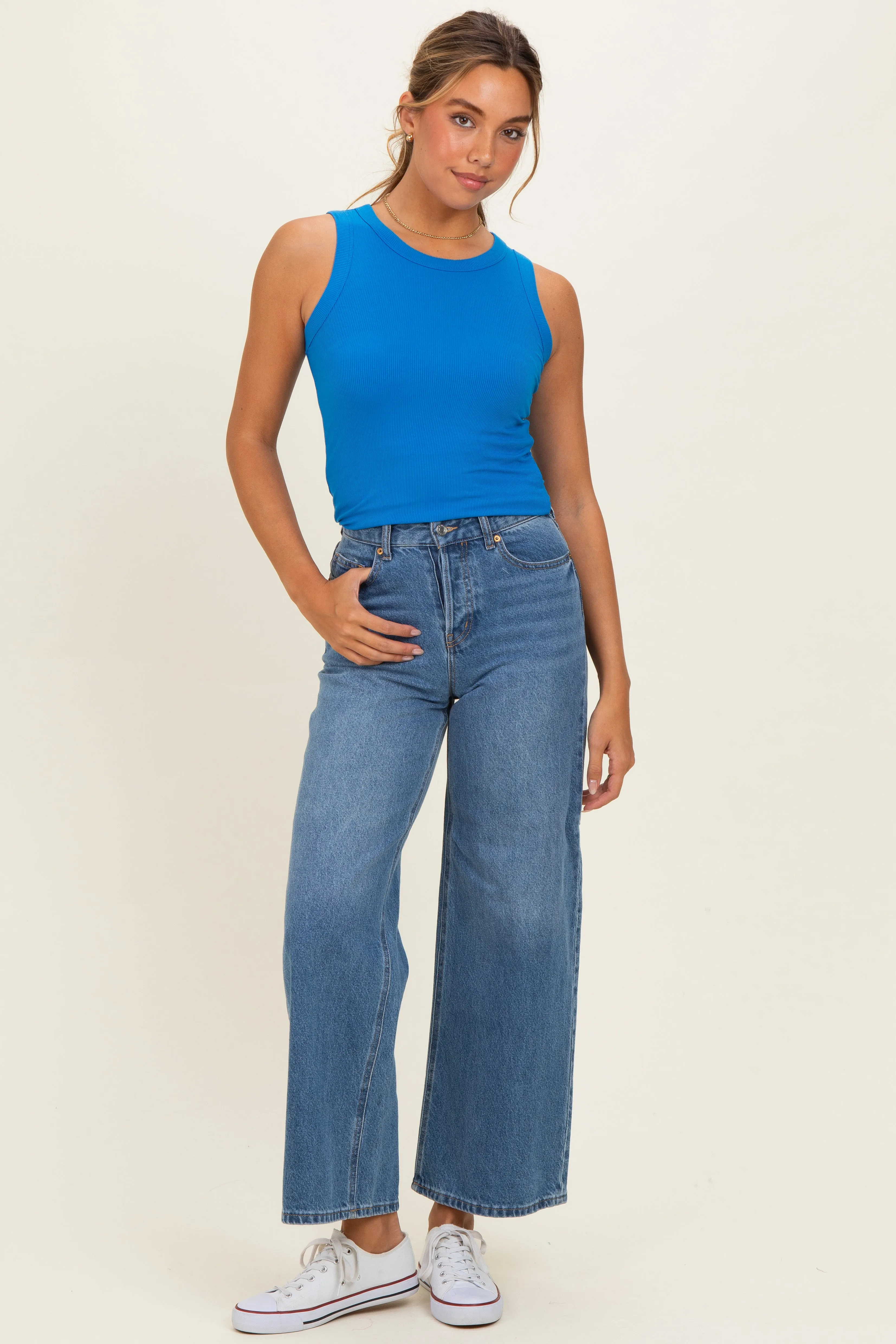 Ocean Blue Ribbed High Neck Tank Top sold by Pinkblush product image thumbnail 2