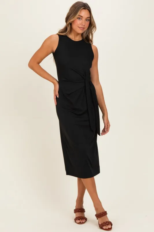 Black Sleeveless Waist Tie Midi Dress made by Active Basic