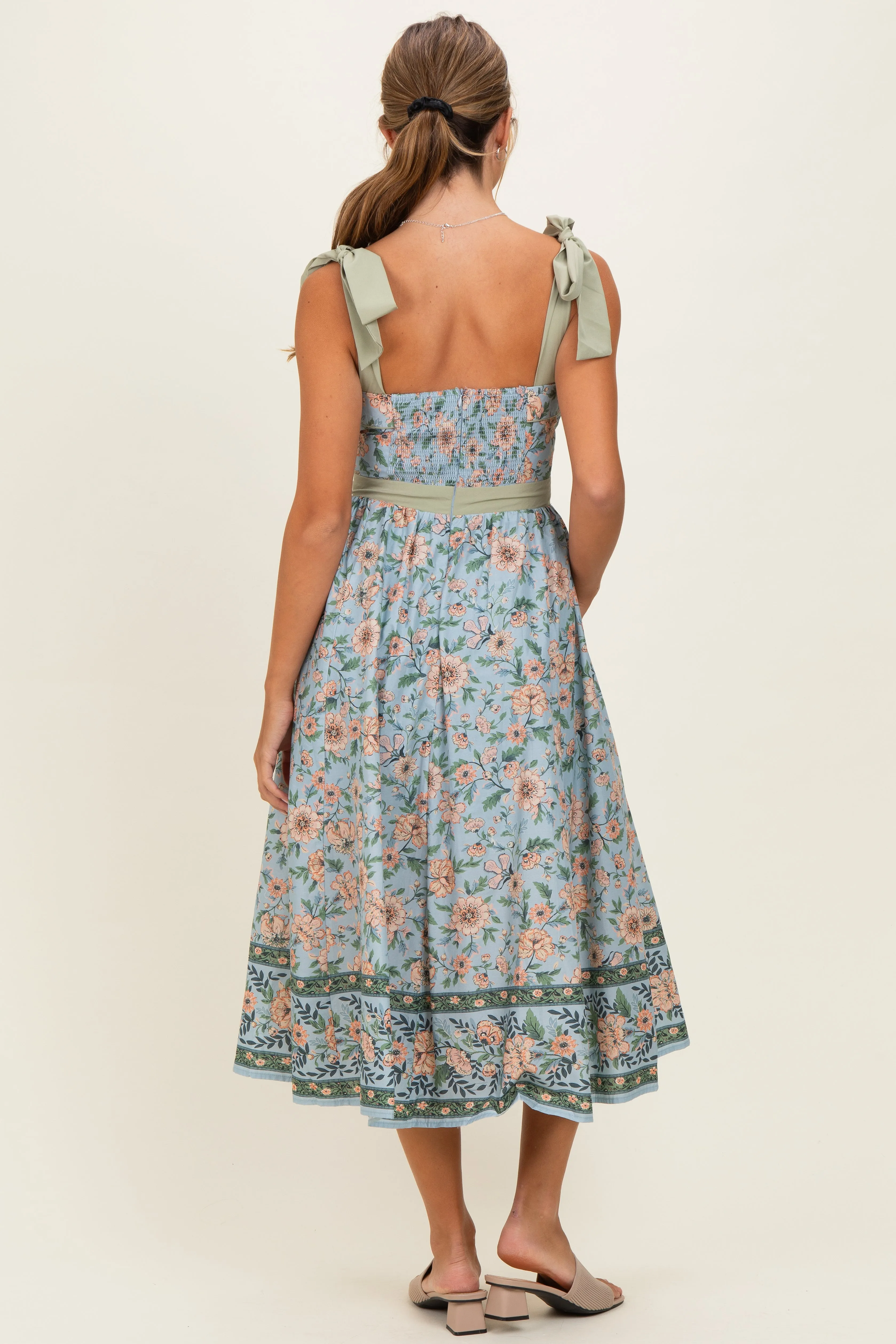 Dusty Blue Floral Shoulder Tie Button Down Midi Dress sold by Pinkblush product image thumbnail 3