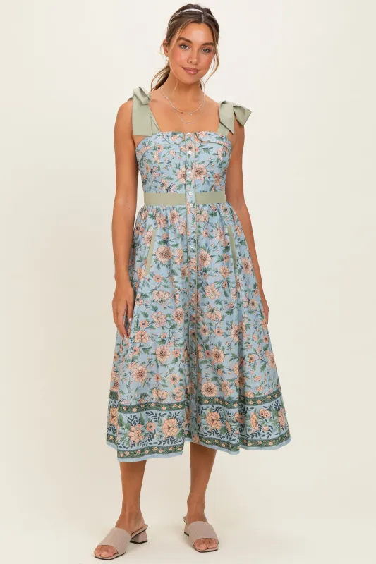 Dusty Blue Floral Shoulder Tie Button Down Midi Dress made by entro