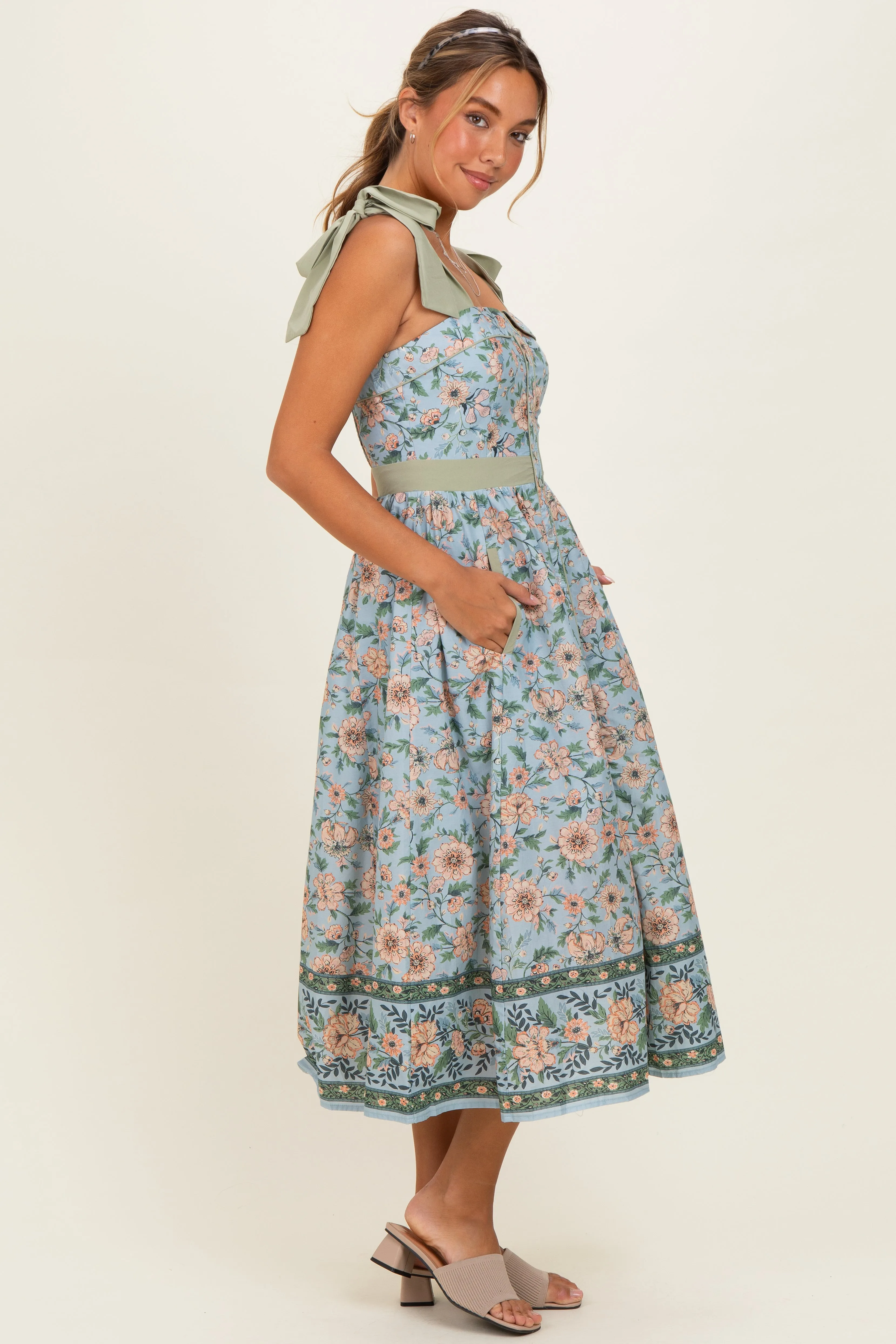 Dusty Blue Floral Shoulder Tie Button Down Midi Dress sold by Pinkblush product image thumbnail 2