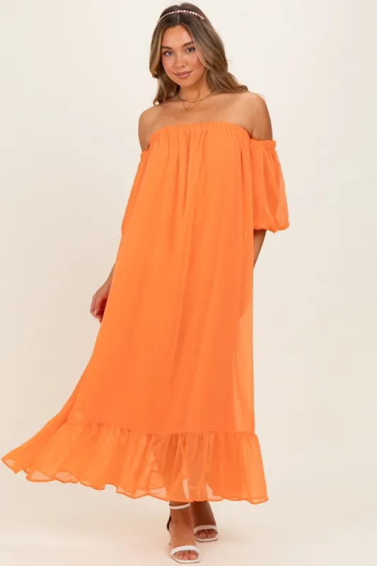 Orange Chiffon Off Shoulder Maxi Dress made by Pinkblush