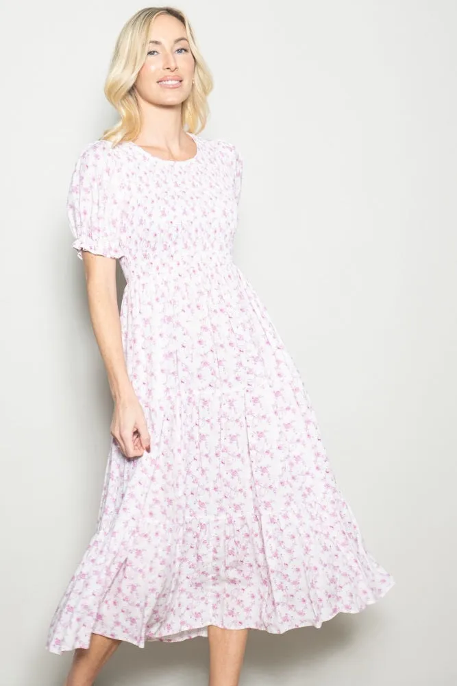 Pink Rose Floral Smocked Puff Sleeve Midi Dress sold by Pinkblush product image thumbnail 3