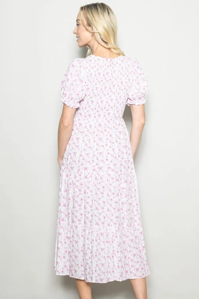 Pink Rose Floral Smocked Puff Sleeve Midi Dress sold by Pinkblush product image thumbnail 4