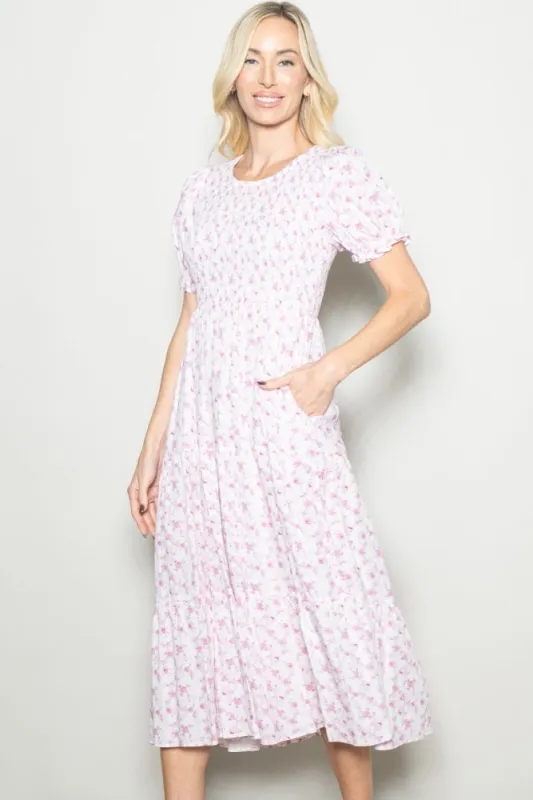 Pink Rose Floral Smocked Puff Sleeve Midi Dress made by Pinkblush