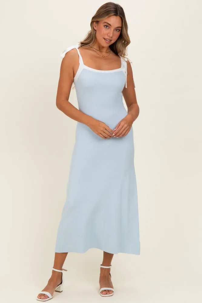 Light Blue Knit Contrast Shoulder Tie Dress sold by Pinkblush
