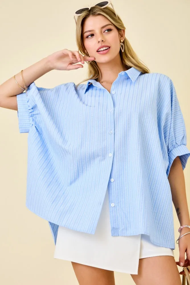 Blue Button Down Textured Stripe Oversized Shirt sold by Pinkblush product image thumbnail 2