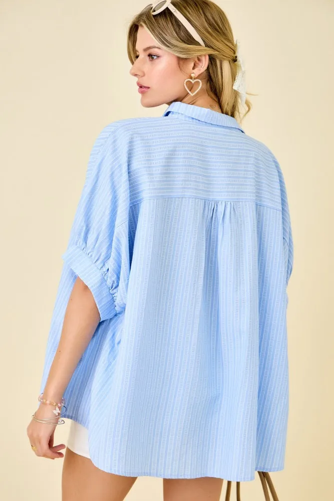 Blue Button Down Textured Stripe Oversized Shirt sold by Pinkblush product image thumbnail 4