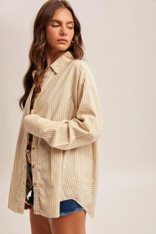 Beige Oversized Striped Button Down Long Sleeve Maternity Shirt made by Hem & Thread