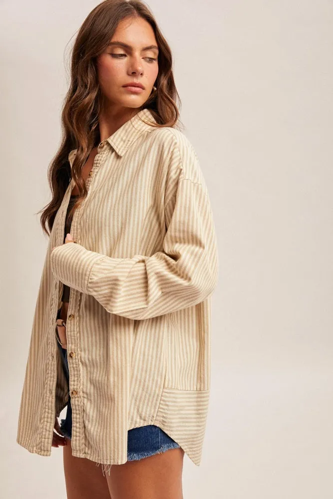 Beige Oversized Striped Button Down Long Sleeve Maternity Shirt sold by Pinkblush