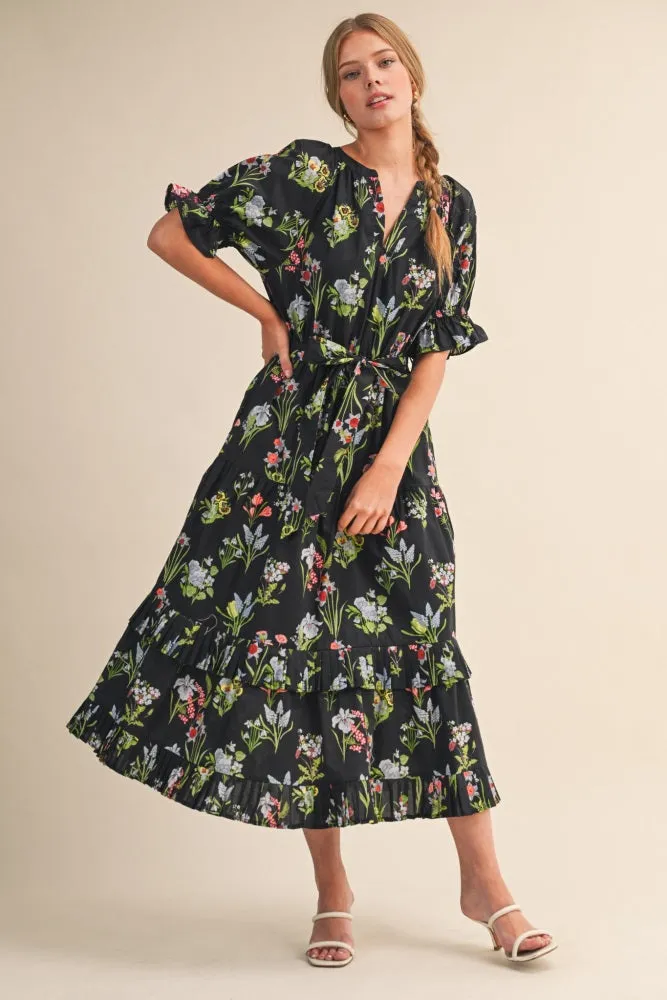 Black Floral Belted Tiered Midi Dress sold by Pinkblush product image thumbnail 2