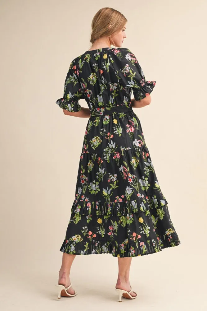 Black Floral Belted Tiered Midi Dress sold by Pinkblush product image thumbnail 3