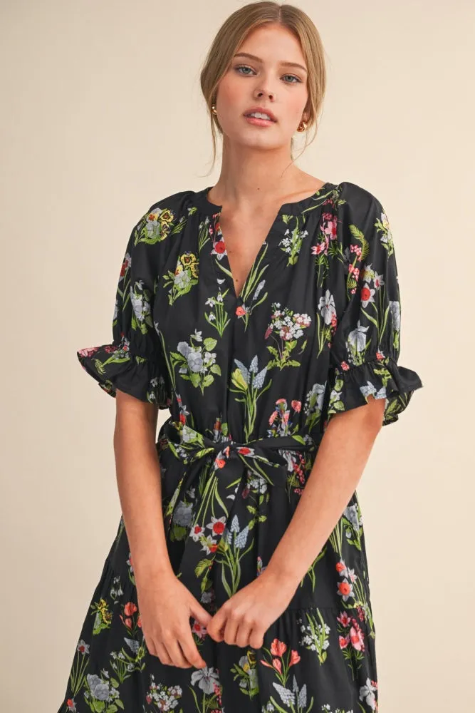 Black Floral Belted Tiered Midi Dress sold by Pinkblush product image thumbnail 4