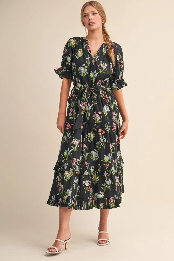 Black Floral Belted Tiered Midi Dress sold by Pinkblush