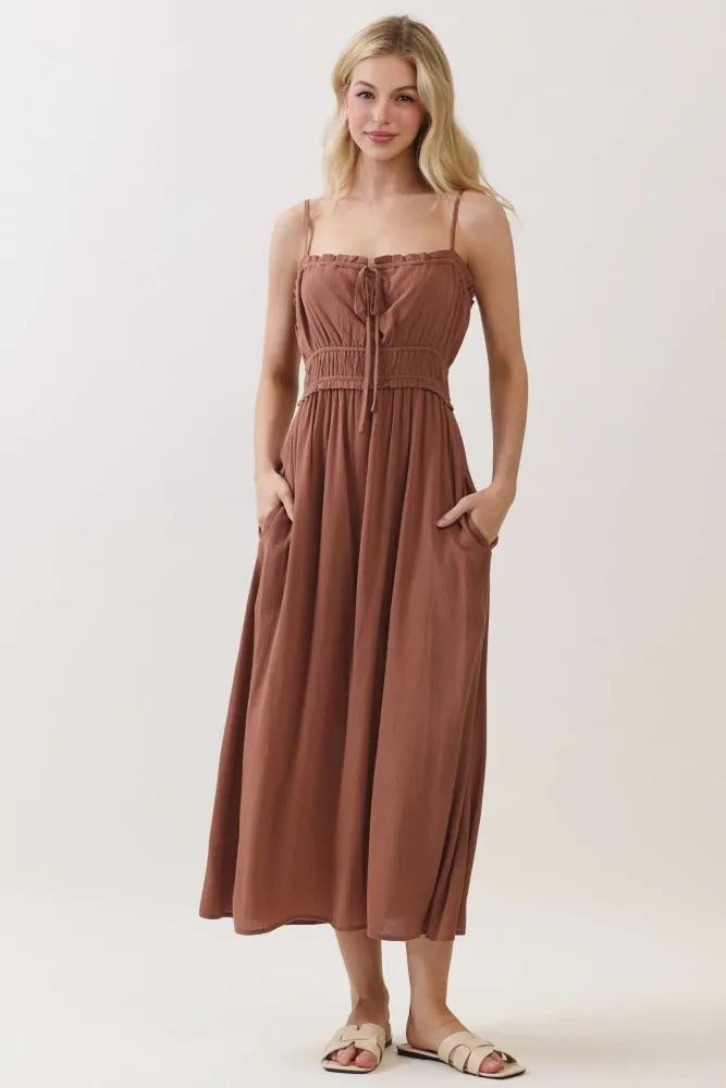 Brown Solid Smocked Maxi Dress sold by Pinkblush
