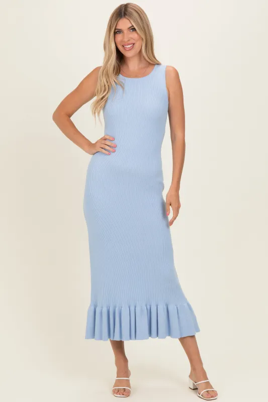 Sky Ribbed Knit Sleeveless Ruffle Hem Maxi Dress made by Able