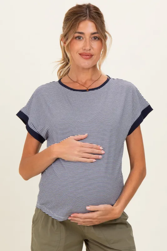 Navy Pinstripe Contrast Trim Maternity Top made by Staccato
