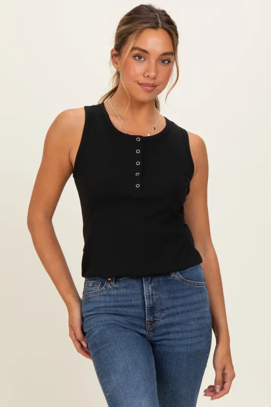 Black Ribbed Sleeveless Henley Tank Top made by Hello MIZ