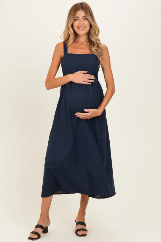 Navy Linen Blend Sleeveless Maternity Midi Dress made by Blu Pepper