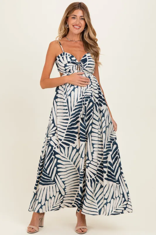 Navy Printed Cutout Tie Back Maternity Maxi Dress made by Aakaa