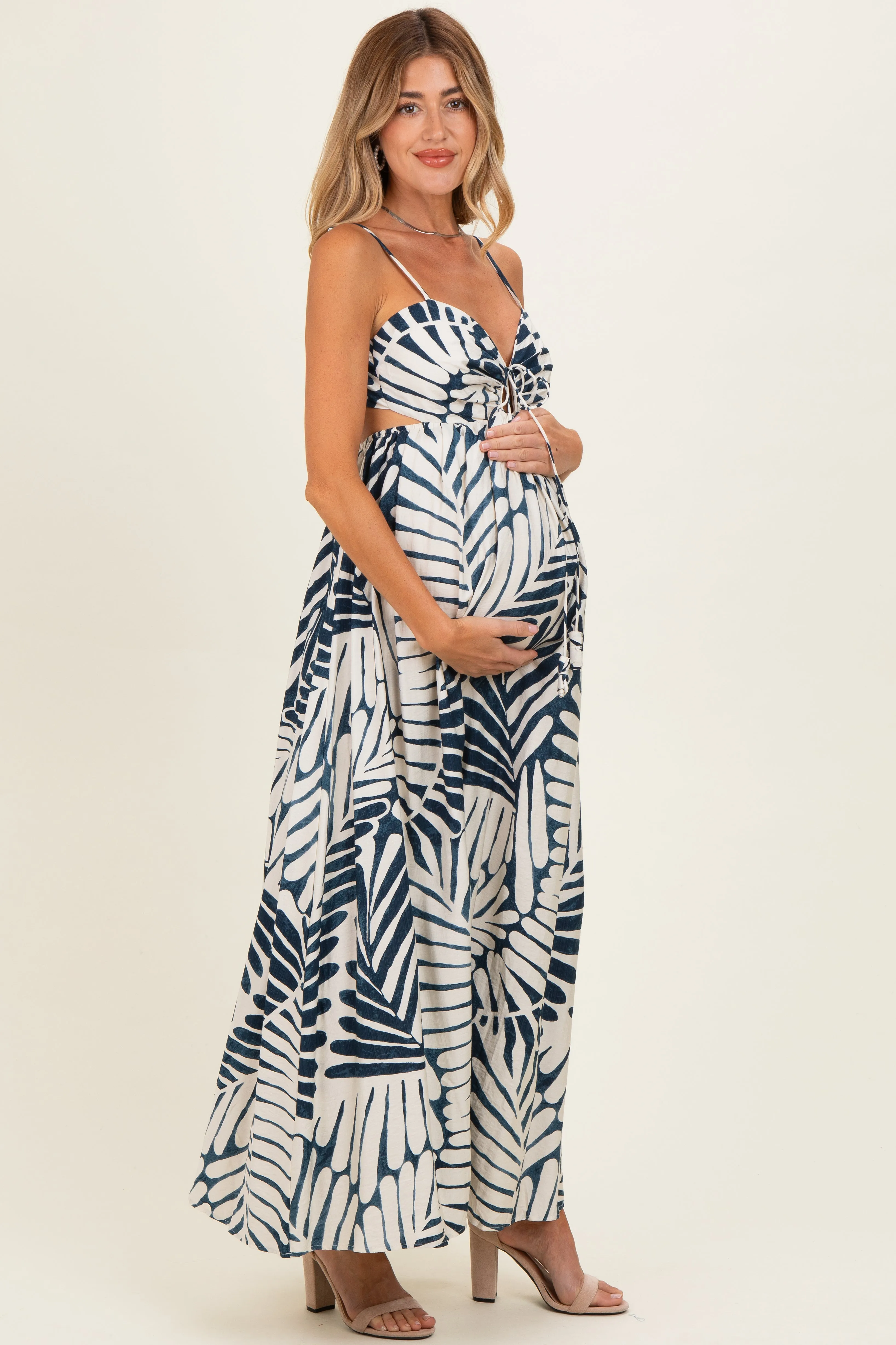 Navy Printed Cutout Tie Back Maternity Maxi Dress sold by Pinkblush product image thumbnail 2