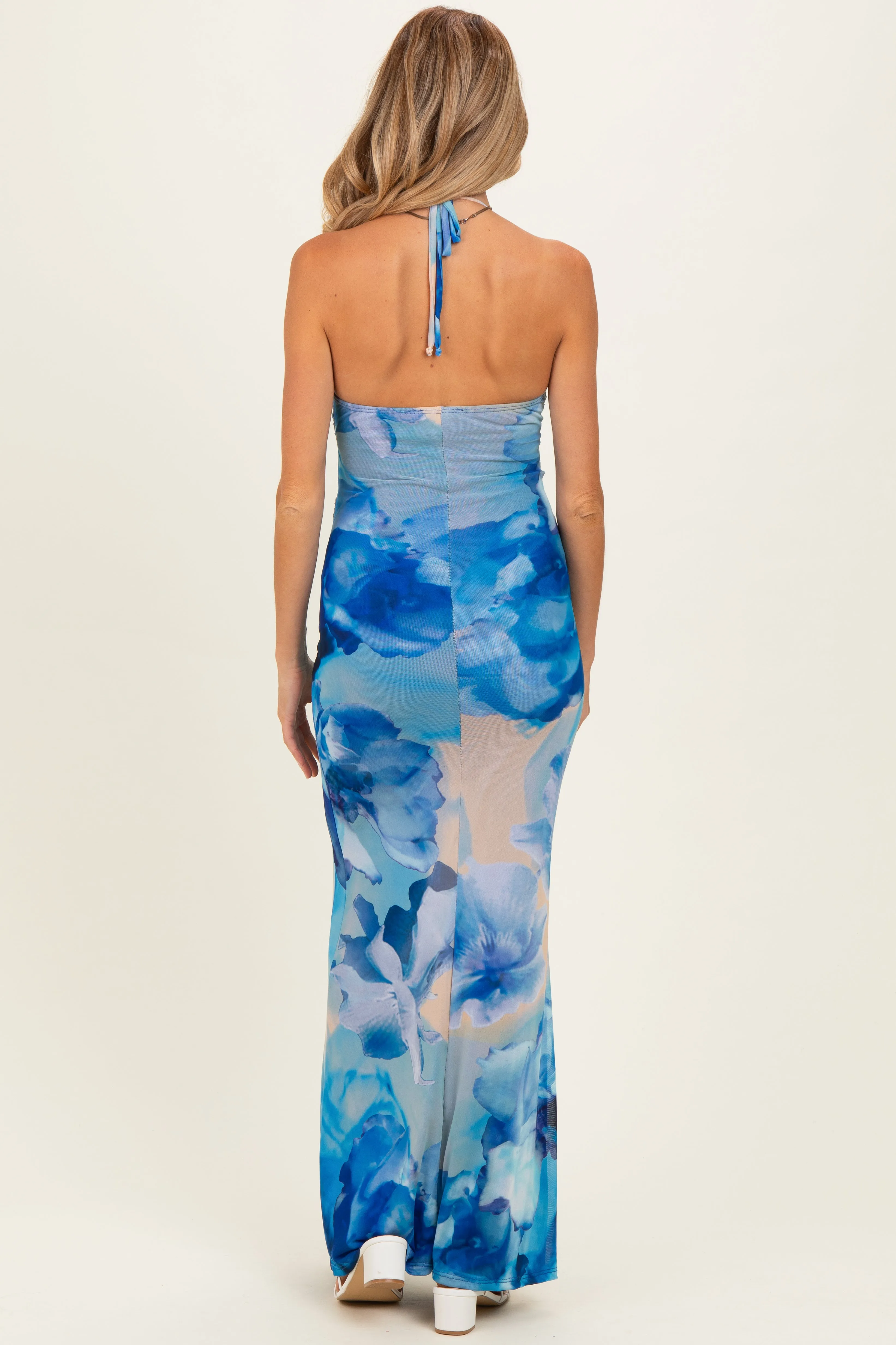 Blue Floral Halter Mesh Maternity Maxi Dress sold by Pinkblush product image thumbnail 3