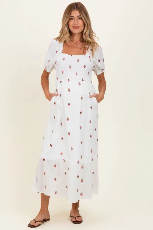 Ivory Embroidered Smocked Maternity Midi Dress made by Polagram