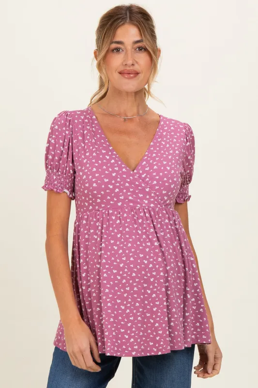 Mauve Ditsy Floral Smocked Sleeve Maternity Wrap Top made by Pinkblush