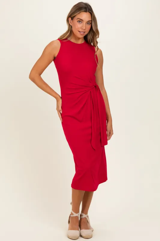 Fuchsia Sleeveless Waist Tie Midi Dress made by Active Basic