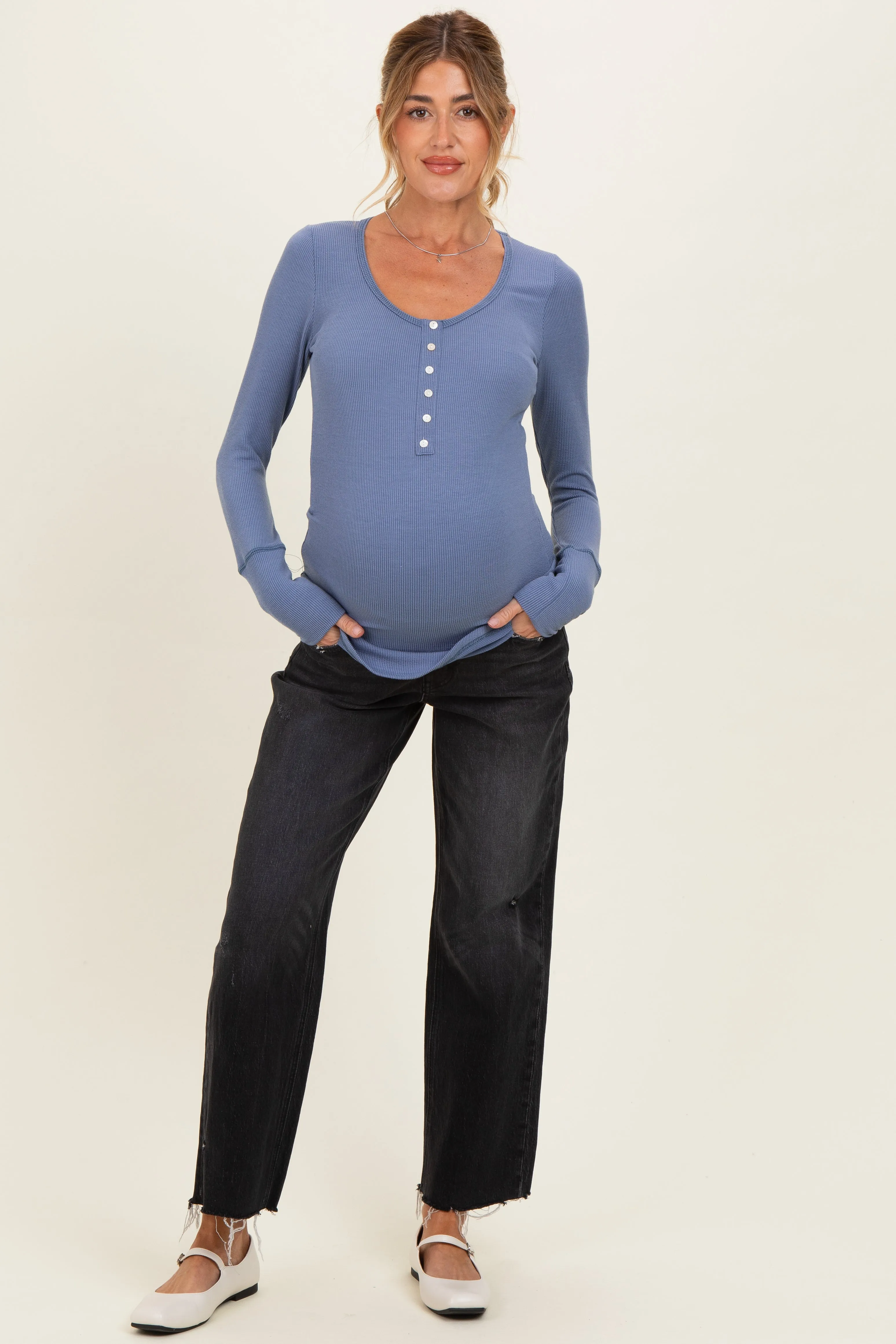Black Frayed Hem Slim Wide Leg Maternity Jeans sold by Pinkblush