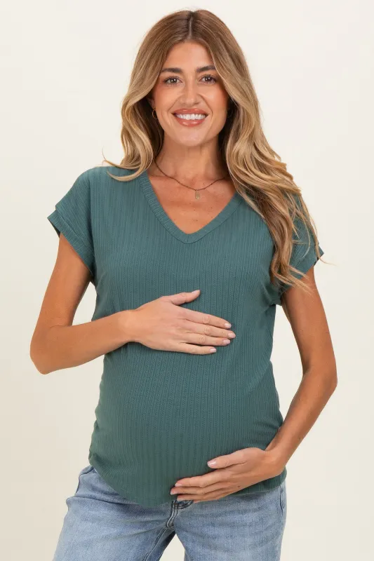 Forest Green V-Neck Pointelle Knit Maternity Top made by Staccato