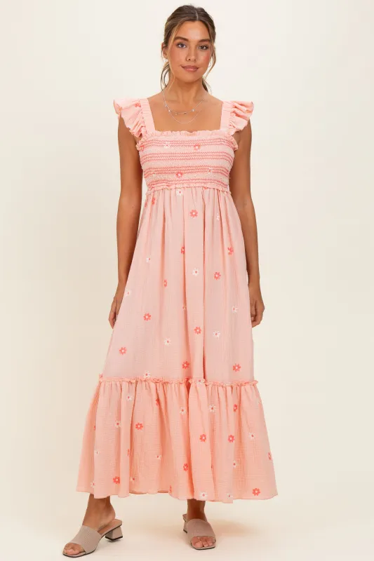 Peach Floral Embroidered Smocked Maxi Dress made by Pinkblush