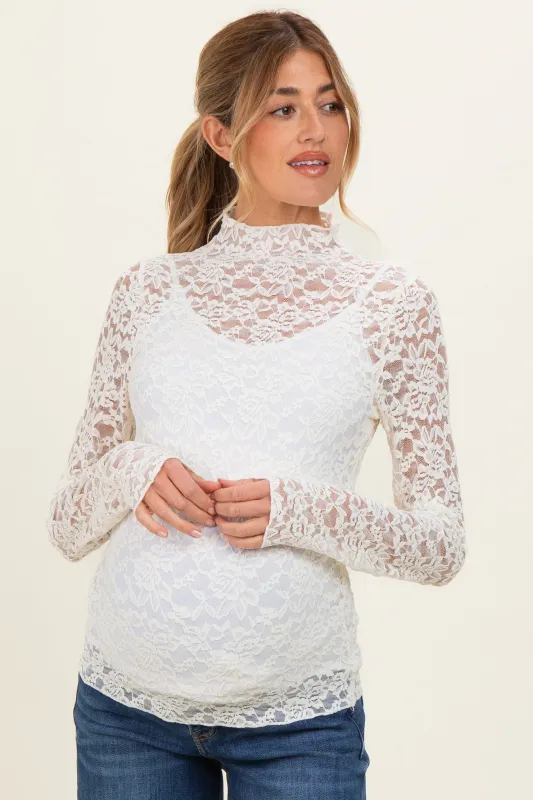 Ivory High Neck Fitted Sheer Lace Maternity Top made by Very J