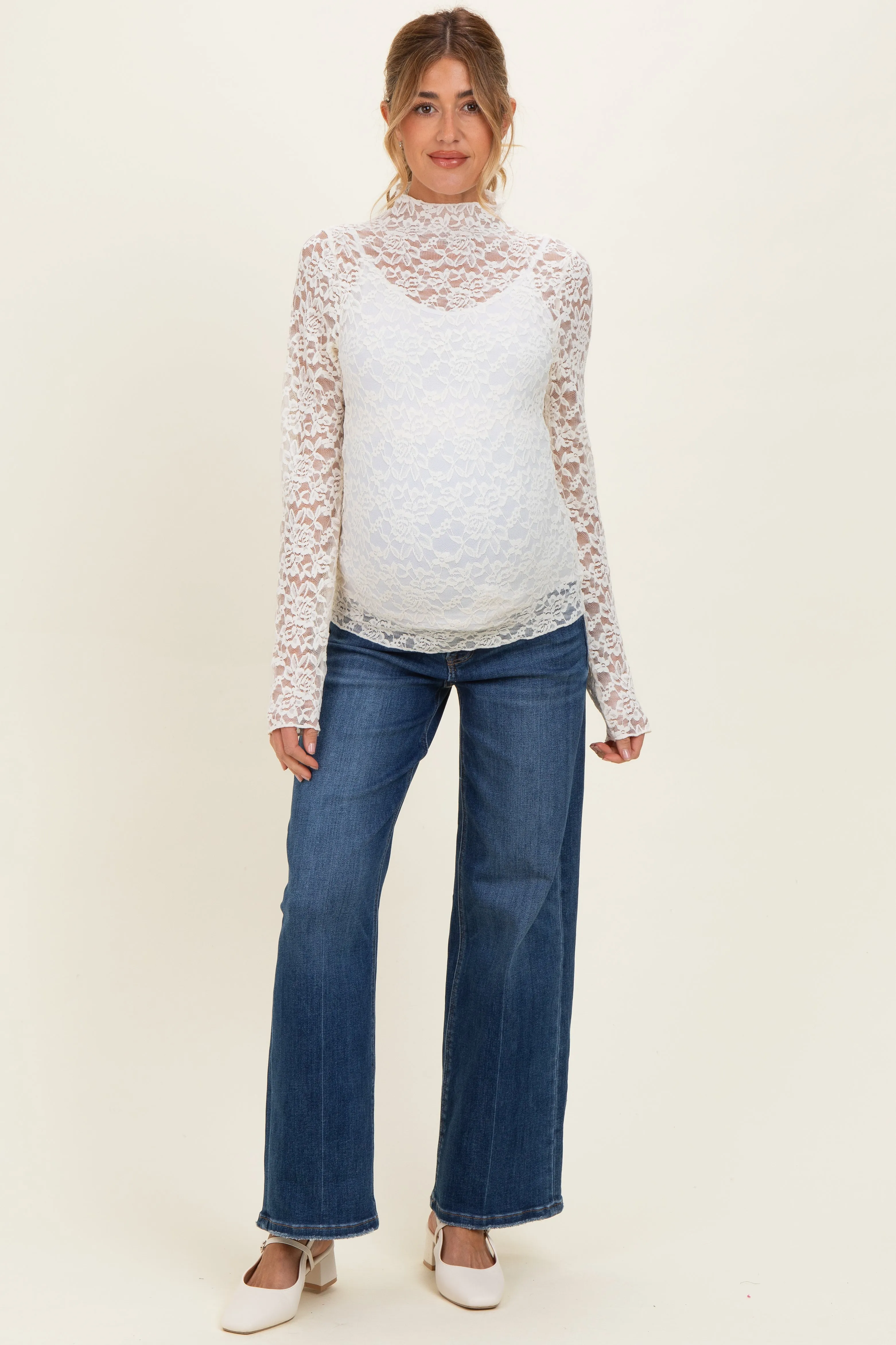 Ivory High Neck Fitted Sheer Lace Maternity Top sold by Pinkblush product image thumbnail 2