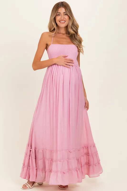Light Pink Smocked Halter Open Back Maternity Maxi Dress made by HYFVE