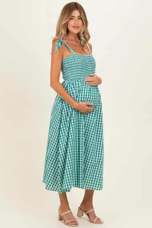 Green Gingham Smocked Shoulder Tie Maternity Midi Dress made by Pinkblush