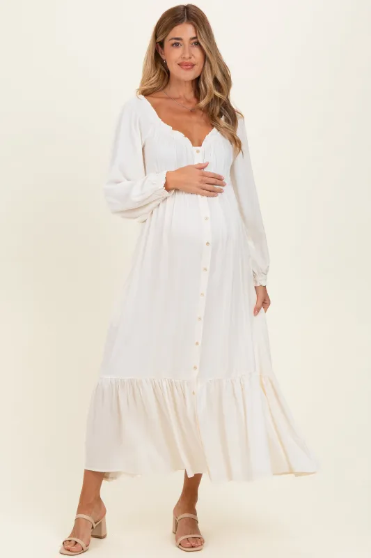 White Off Shoulder Button Accent Maternity Maxi Dress made by Pinkblush