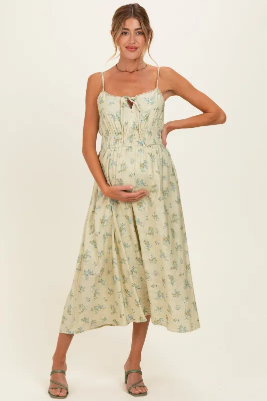 Cream Striped Floral Smocked Waist Maternity Midi Dress made by Aakaa