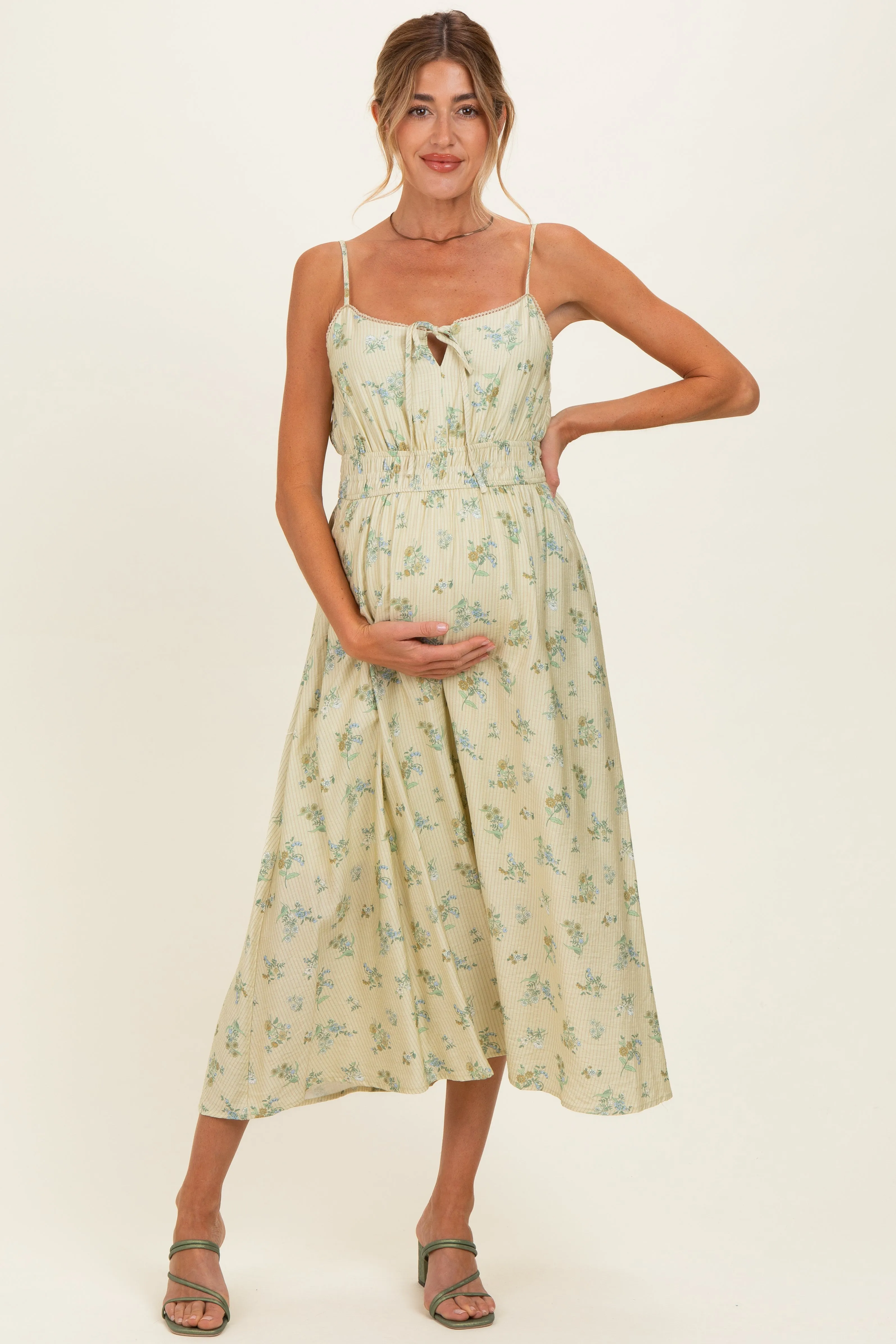 Cream Striped Floral Smocked Waist Maternity Midi Dress sold by Pinkblush