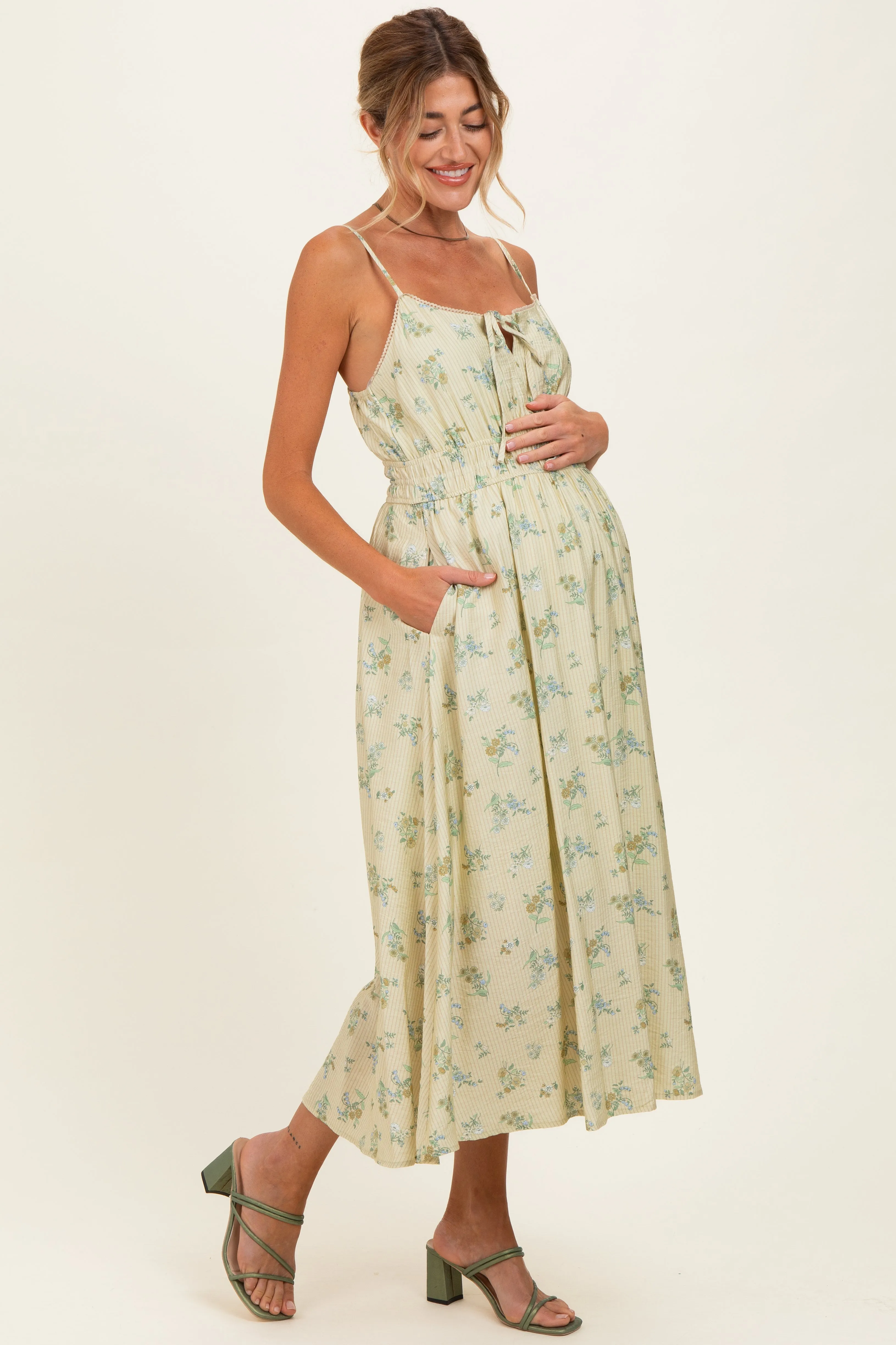 Cream Striped Floral Smocked Waist Maternity Midi Dress sold by Pinkblush product image thumbnail 2