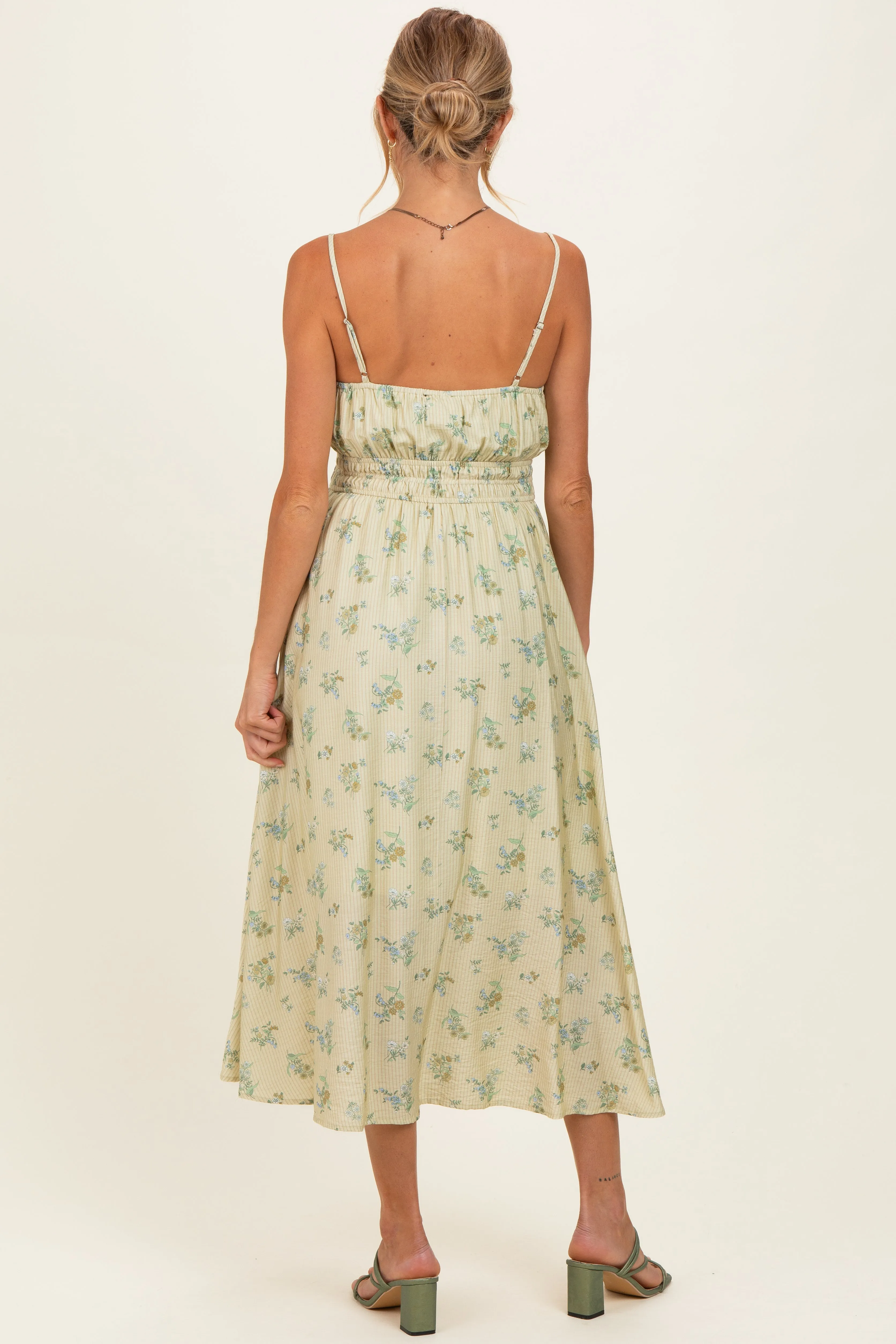 Cream Striped Floral Smocked Waist Maternity Midi Dress sold by Pinkblush product image thumbnail 3