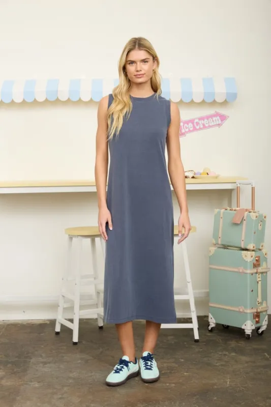 Navy Side Slit Midi Tank Dress made by Blu Pepper