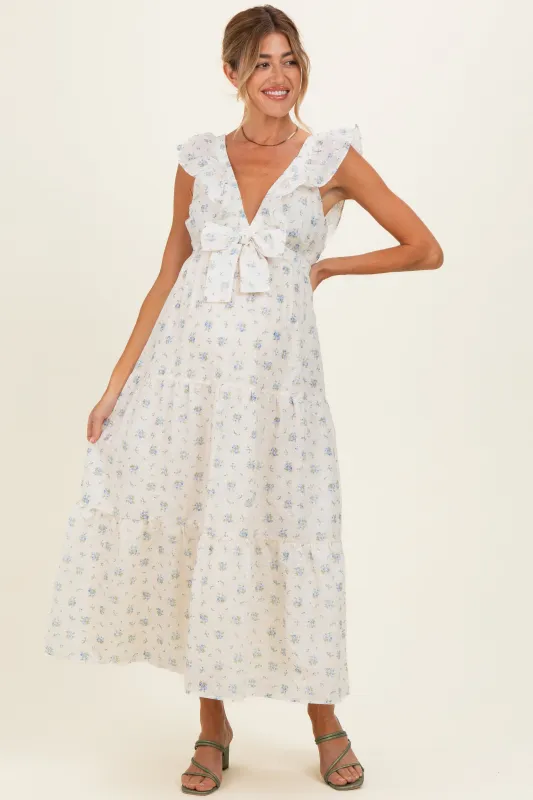 Cream Floral Front Bow Open Back Maternity Midi Dress made by Storia
