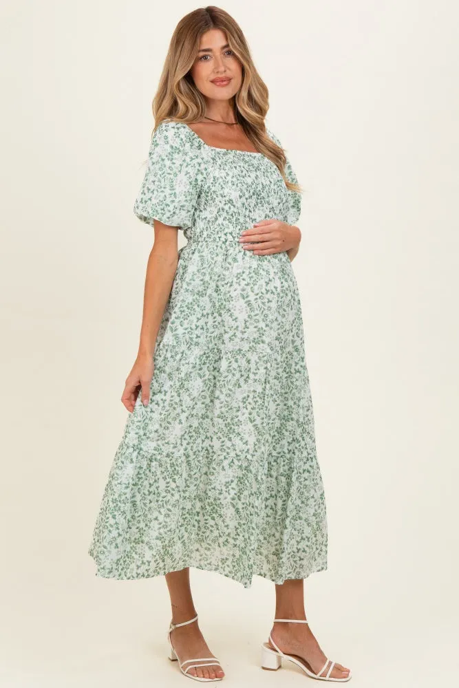Green Floral Smocked Short Sleeve Maternity Midi Dress sold by Pinkblush product image thumbnail 2