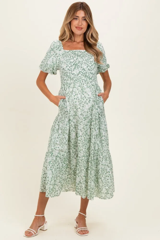 Green Floral Smocked Short Sleeve Maternity Midi Dress sold by Pinkblush