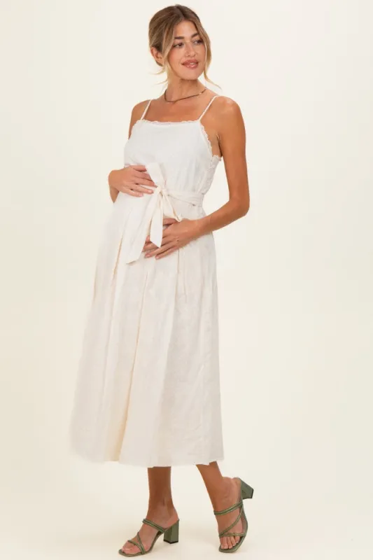 Cream Embroidered Tie Waist Maternity Midi Dress made by Storia