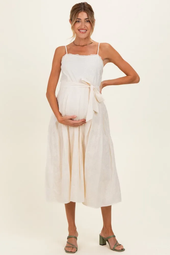Cream Embroidered Tie Waist Maternity Midi Dress sold by Pinkblush product image thumbnail 2