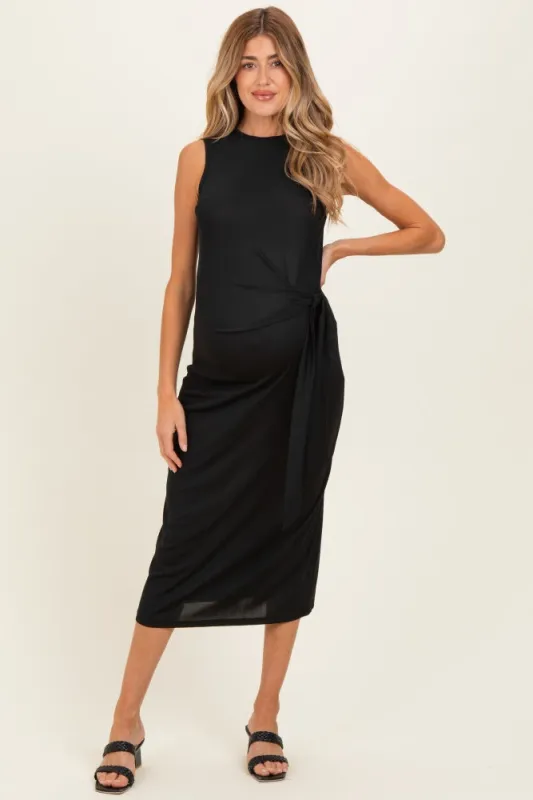 Black Sleeveless Waist Tie Maternity Midi Dress made by Active Basic