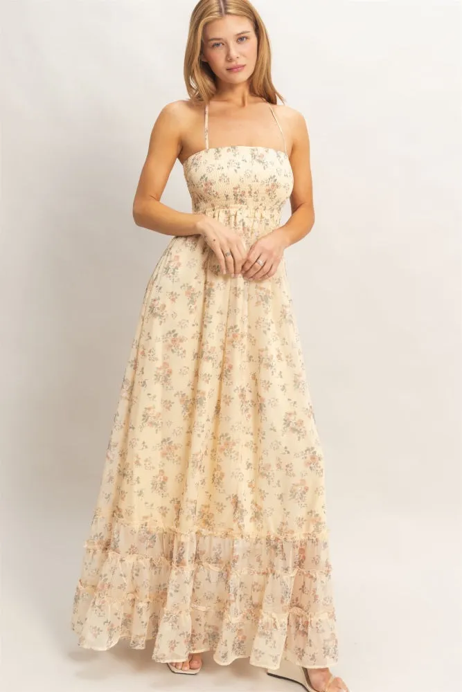 Yellow Floral Smocked Open Back Maxi Dress sold by Pinkblush