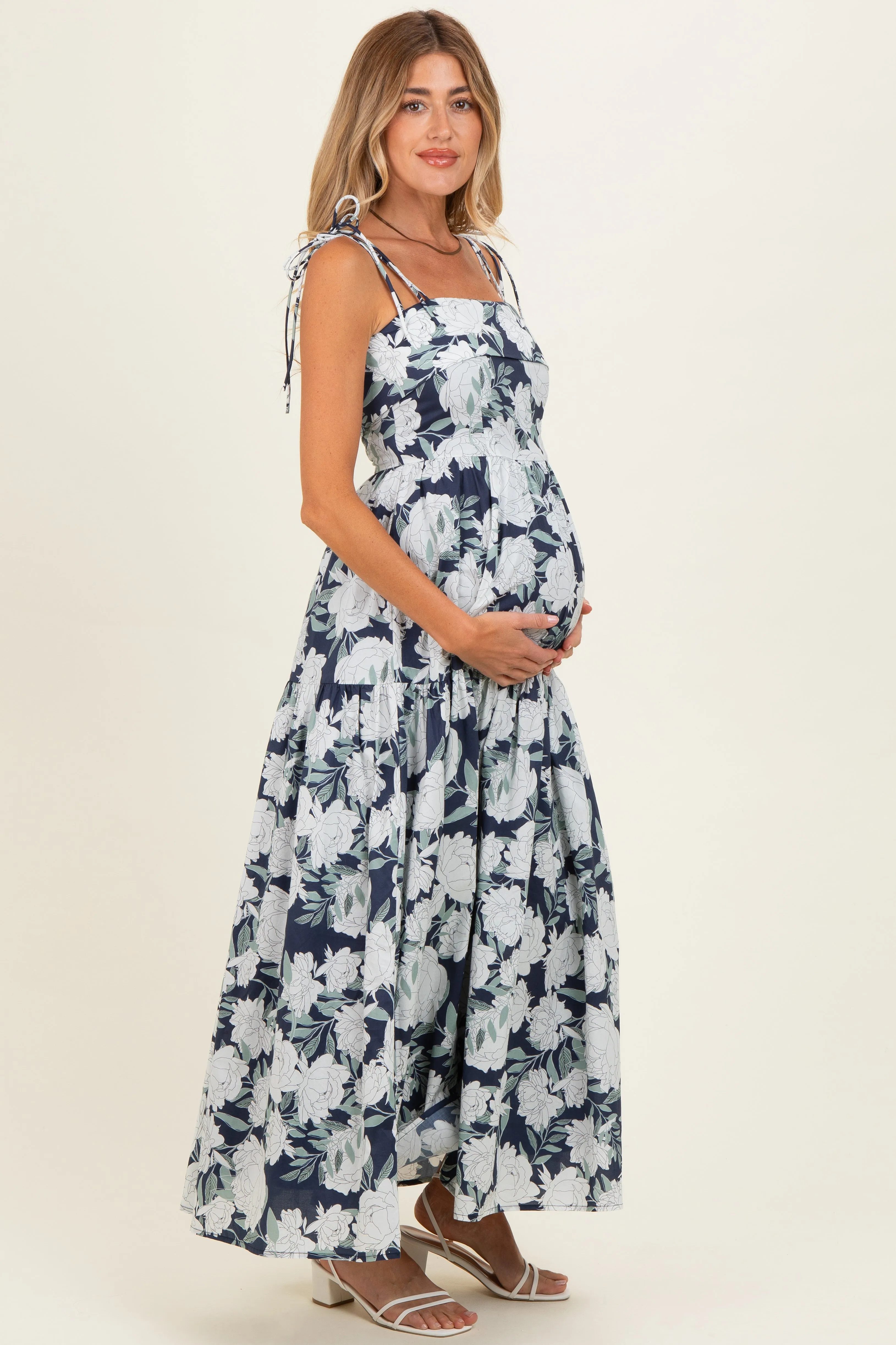 Navy Floral Shoulder Tie Tiered Maternity Maxi Dress sold by Pinkblush product image thumbnail 2